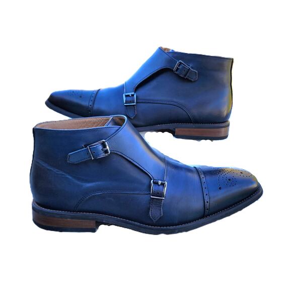 La Milano Blue Burnished Leather Double Monk Strap Cap Toe Boots 13 - Picture 7 of 13